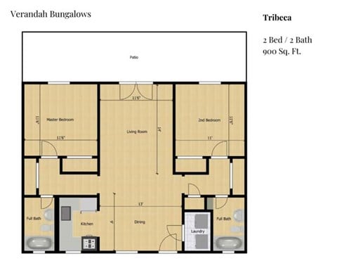 Floor plan for 2 beds, 2 baths, 900 sqft